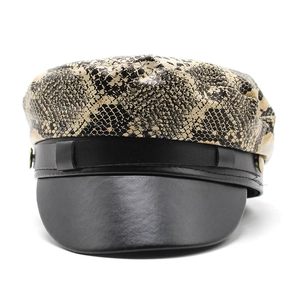 Flat top snakeskin pattern baker boy cap with black leather brim and metal side button