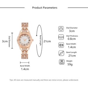 Detailed specs of rose gold crystal watch with marble dial and rhinestone accents