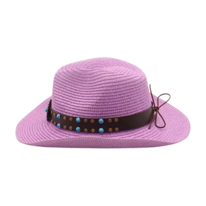 Close-up of purple woven cowboy hat with leather band and turquoise bead detailing