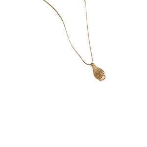 Minimalist woven water bottle pendant necklace in gold finish with a vintage mesh texture