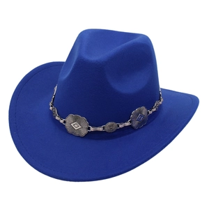 Klassischer königsblauer Fedora-Hut mit silberner Metallkette und Blumen-Carving