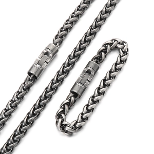 Oxidized steel flower basket chain necklace and bracelet set with U-shaped jewelry clasp