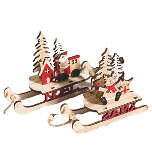 Handcrafted wooden Christmas sleigh ornaments with Santa and reindeer desktop decor