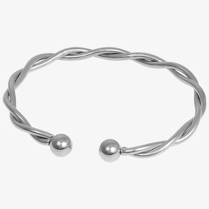 Detailed view of silver twisted 304 stainless steel open bangle with smooth bead ends