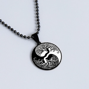 Retro stainless steel Yin Yang Life Tree pendant with black beaded ball chain necklace