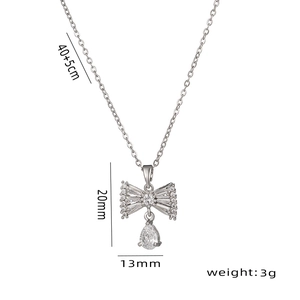 Silver bow necklace with zircon drop pendant and 40+5cm chain technical specifications