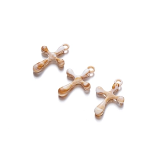 Acrylic cross pendant with brown marble texture and ring hook for jewelry making