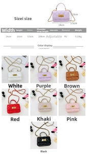 Detail view showing dimensions of kids quilted chain bag, 14cm width and 10cm height
