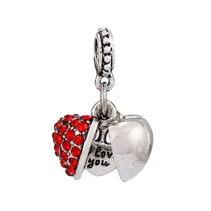 Silver heart locket charm with red crystals and I love you engraving for bracelets