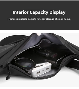 Macro view of the multi-pocket interior storage of this waterproof black crossbody bag