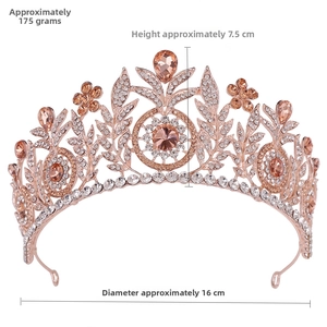 Detailed view of rose gold bridal crown with peach gems: 16cm diameter and 7.5cm height