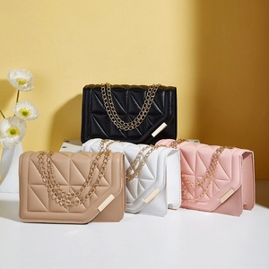 Women Geometric Quilted Crossbody Bag PU Leather Gold Chain Shoulder Handbag Magnetic Closure Square Envelope Fashion