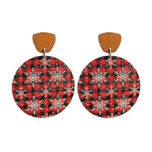 Christmas red buffalo plaid wooden earrings with white snowflake patterns on white background