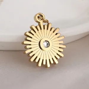 Sunburst Gear Pendant Stainless Steel Zircon Inlaid DIY Jewelry Making Accessory Gold Plated Minimalist Sun Flower Charm