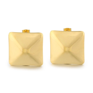 Polished golden square geometric stud earrings with a 3D pyramid design on white background