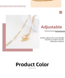Detail of gold metal waist chain with pearls and bee pendant showing adjustable length