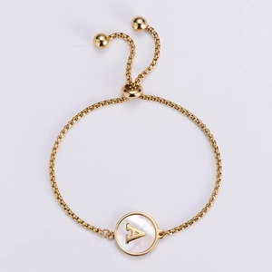 Initial Letter Bracelet 18K Gold Plated Stainless Steel White Shell Round Pendant Adjustable Slider Box Chain Jewelry