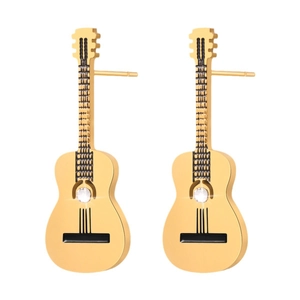 Eleganti orecchini a chitarra dorati in acciaio inossidabile con cristalli lucenti