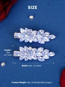 Detailed size specifications for leaf-shaped crystal bow hair clips on dark background