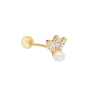 Detail view of S925 silver pearl stud with marquise zircon stones and screw back post