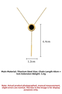 Detail of gold titanium steel Roman numeral pendant with long tassel chain dimensions