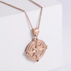 Vintage Compass Pendant Necklace 304 Stainless Steel Sandblasted Rose Gold Round Nautical Jewelry For Women