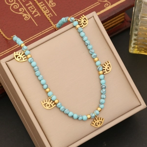 Bohemian gold stainless steel necklace with blue turquoise beads and evil eye charms