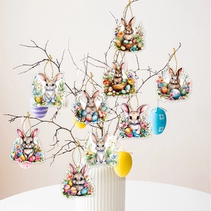 Easter bunny and colorful egg paper ornaments hanging on branches for festive party decor