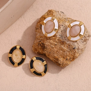 Retro oval 18K gold plated stainless steel stud earrings with natural stone inlay