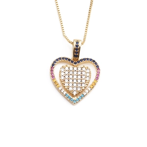 Gold-plated heart pendant necklace with colorful micro-crystals and evil eye design