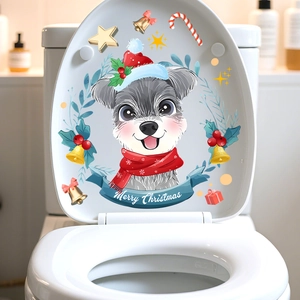 Detail of Christmas toilet sticker featuring a cute dog in a Santa hat and festive decor