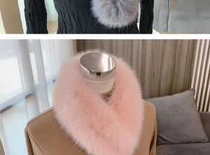 Detailed close-up of fluffy faux fox fur neck warmer in grey and pastel pink tones