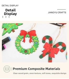 Detail view of wooden Christmas ornaments with festive wreath and tree shapes for DIY crafts