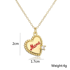 Detail of 18K gold heart necklace with red Mama text and zircon including dimensions