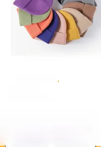 Detailed view of various colorful ribbed knit beanies in purple green blue and pink