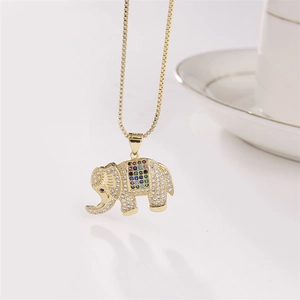 Gold elephant pendant necklace with micro-pave zircons and colorful gemstones