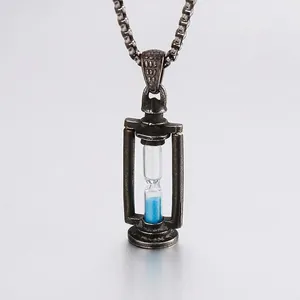 Vintage Hourglass Pendant Stainless Steel Glass Blue Sand Kerosene Lamp Shape Retro Punk Style Jewelry