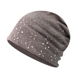 Women's brown knit beanie with silver rhinestones and snowflake patterns for winter warmth