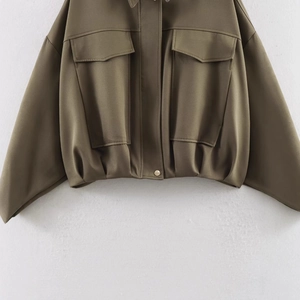 Vintage olive green bomber jacket for women featuring a pleated hem and utility pockets