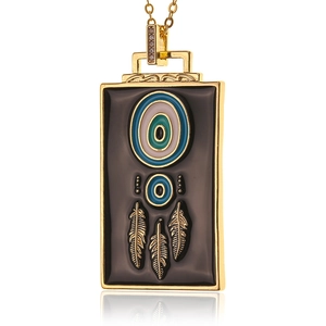 Evil eye rectangle pendant necklace with golden feathers and black enamel detail