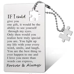 Macro detail of stainless steel memory card with puzzle piece pendant and engraved text