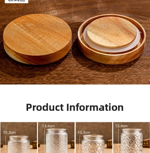 Detail of embossed glass storage jars with wooden lids showing size and textures