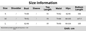 Size chart for sleeveless top and high waist flared pants set showing S M L dimensions