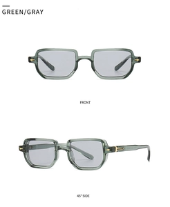 Detail view of green rectangular sunglasses with golden diamond metal accents on the frame