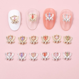 Luxury Alloy Glass Heart Crown Nail Art Charms With Wings Rhinestone Inlaid Gold Silver 3D DIY Nail Decorations For Women