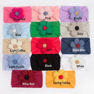 Soft nylon baby headbands with 3D floral accents in 14 assorted colors for infants