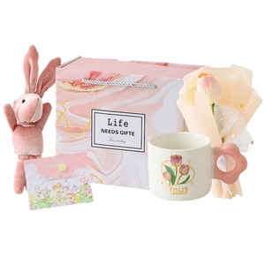Pink tulip ceramic mug gift set with plush rabbit and faux flowers in elegant packaging