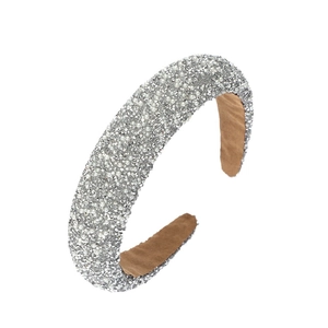 Sparkling wide headband with silver rhinestones and white pearls on brown lining