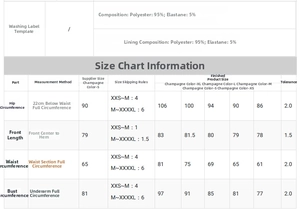 Size chart for sequin cocktail dress detailing measurements for XS to XL in champagne color