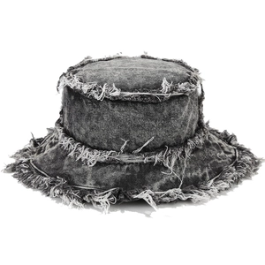 Frayed edge washed denim bucket hat in dark grey with vintage distressed style